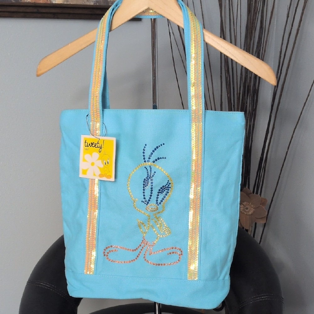 Vintage Tweety Bird Avon Blue Tote with Gold Sequin Stripes